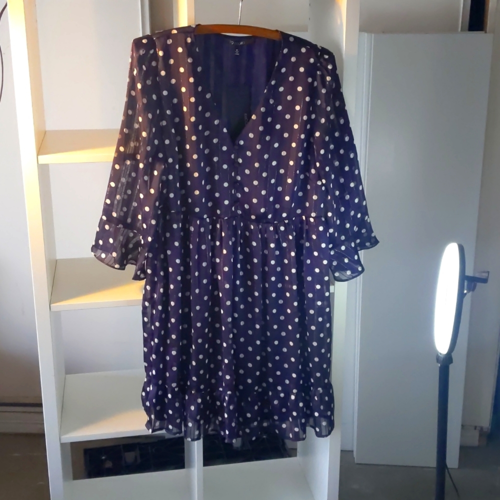19 Cooper Navy blue & with white polkadot mini dress, size medium
